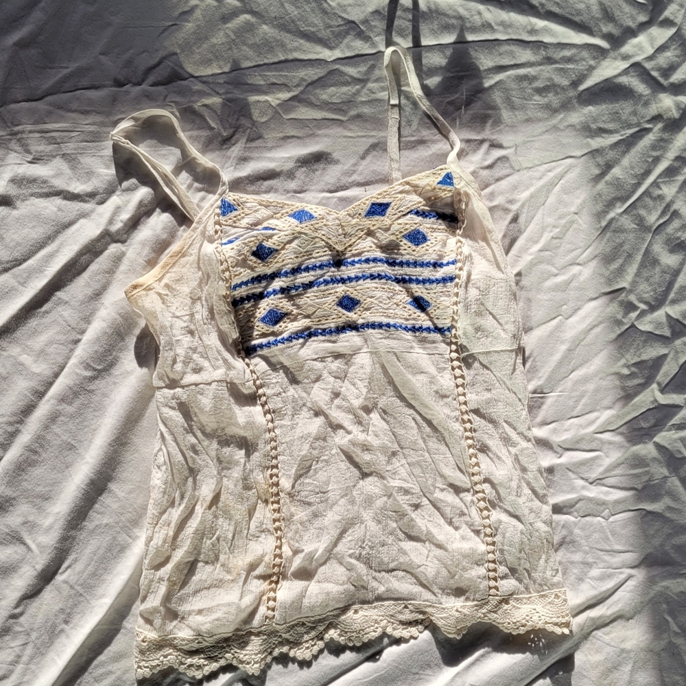 Maurices Ivory and Blue Patterned Tank Top